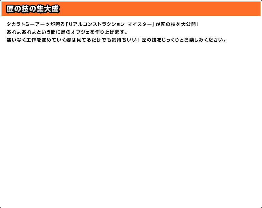 タカラトミーアーツが誇る「リアルコンストラクション マイスター」が匠の技を大公開！あれよあれよという間に鳥のオブジェを作り上げます。迷いなく工作を進めていく姿は見てるだけでも気持ちいい！ 匠の技をじっくりとお楽しみください。